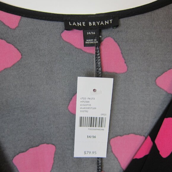 Lane Bryant Fit & Flare Dress 14/16 Black Pink Pockets V-neck Long Sleeves NEW - Picture 5 of 11